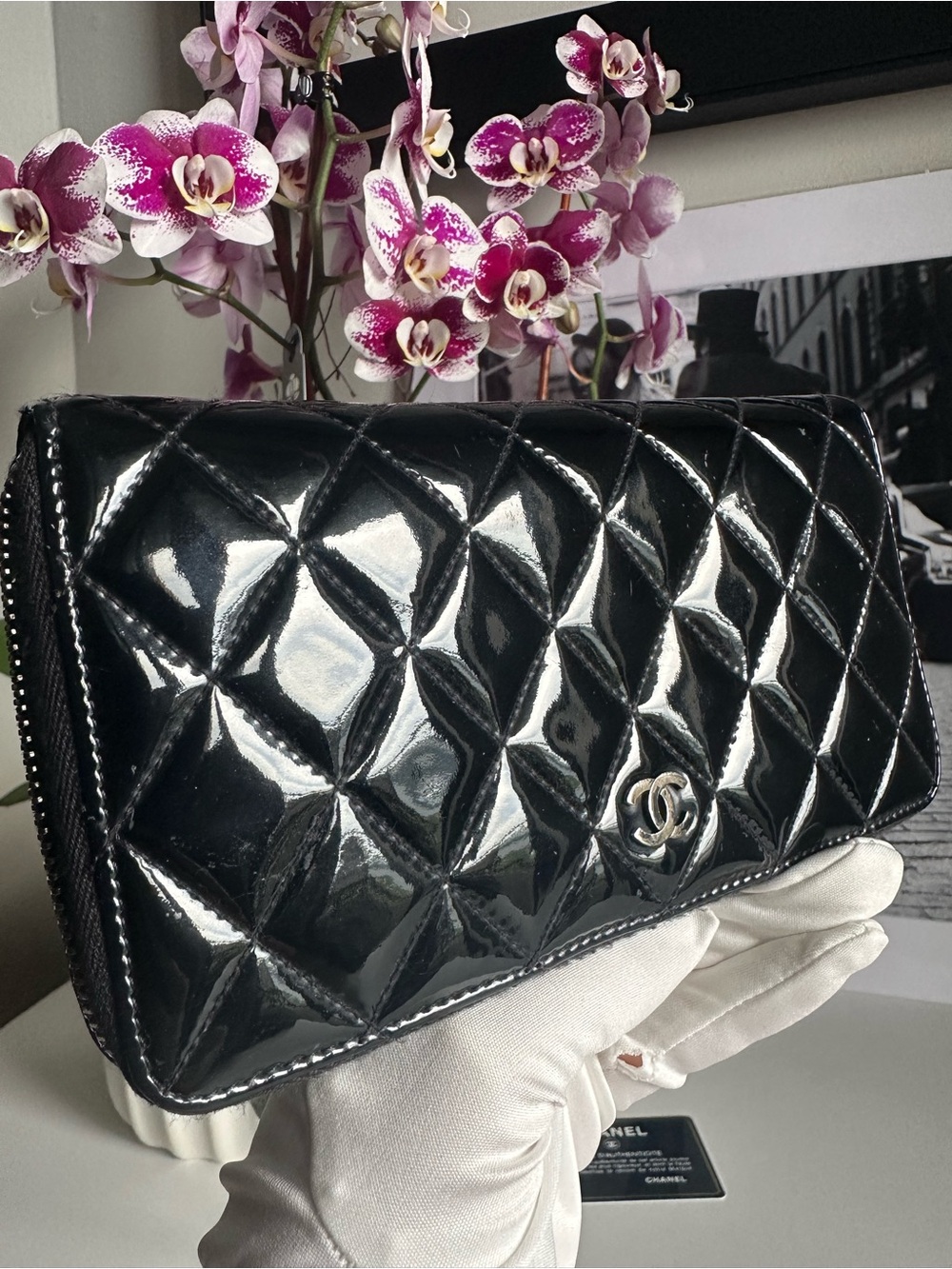 Chanel 16 Series Black Patent Quilted Zip Around Long Wallet w/Auth Card